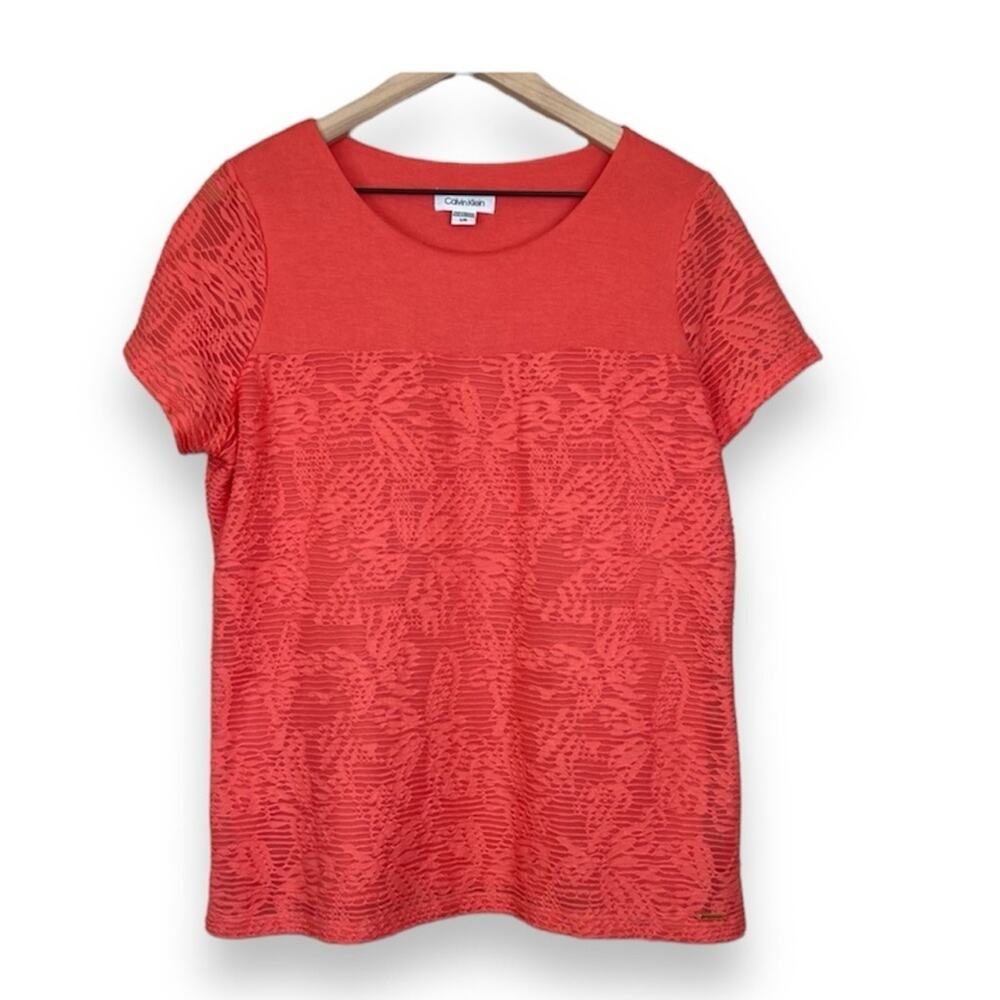 Calvin Klein blouse womens large coral floral lace overlay textured short sleeve